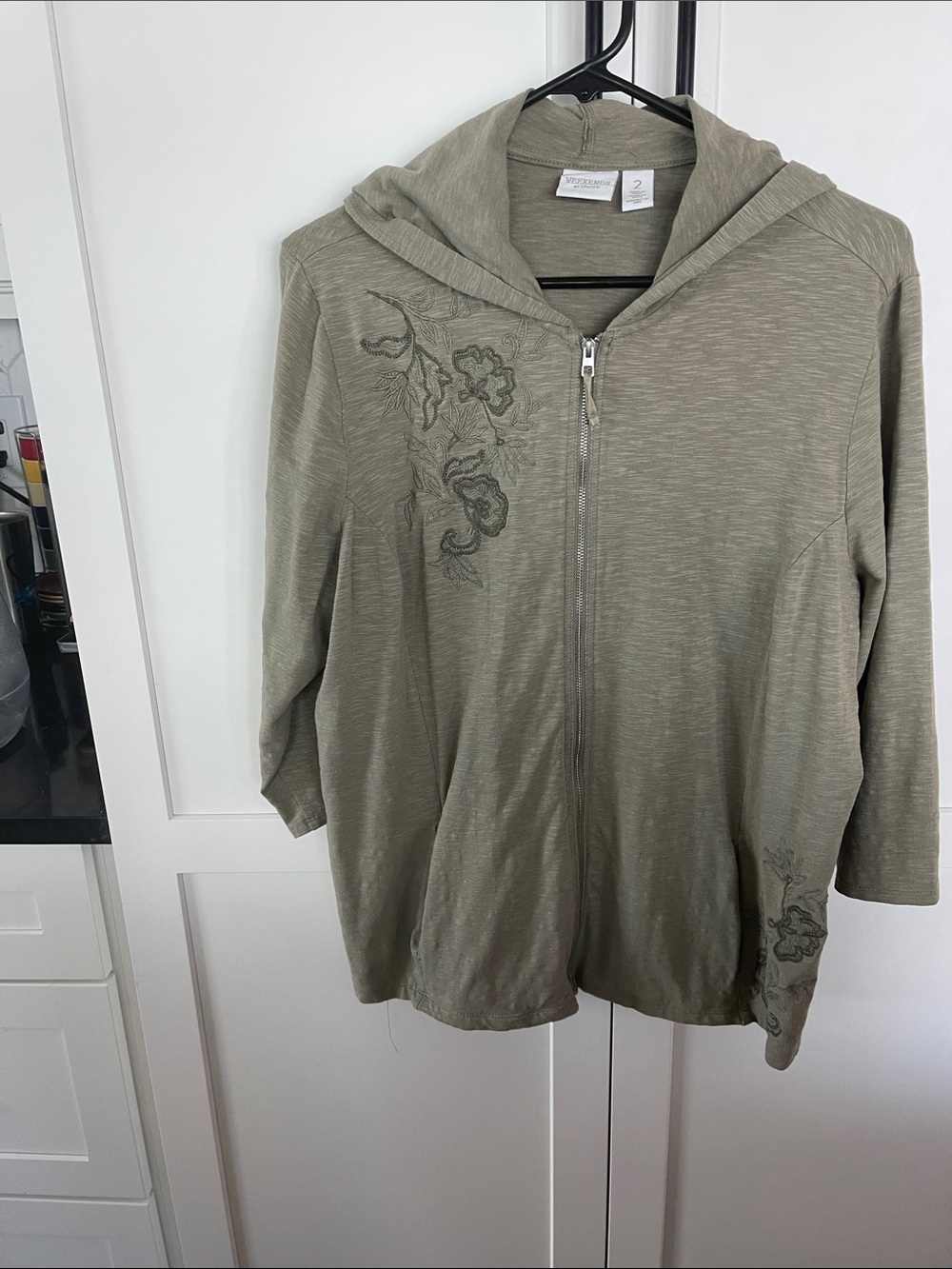 Chico's Olive Green Hooded Zip Utility Jacket with Floral Embroidery